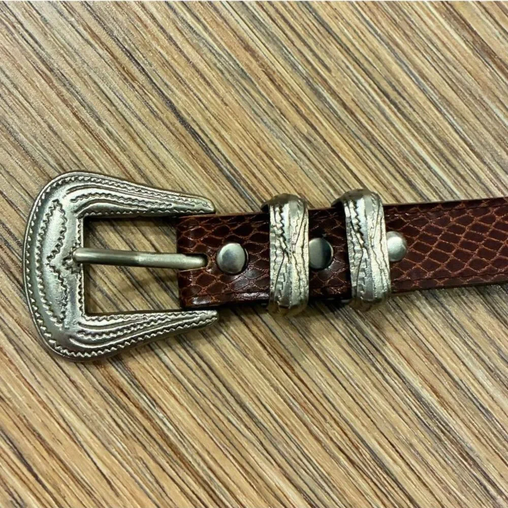 State of the Art Brown Snakeskin Embossed Leather Belt Silver Buckle 5/6 Vintage